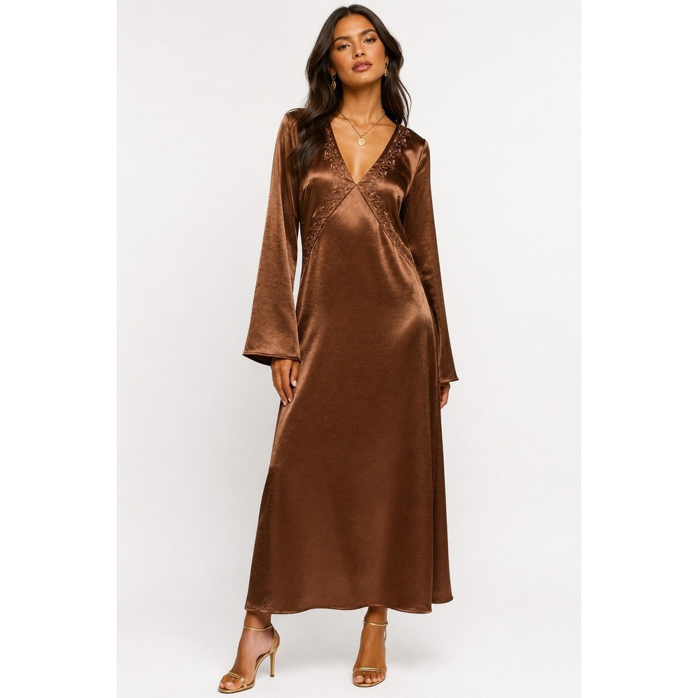 Warehouse Embroidered Satin Plunge Neck Flare Sleeve Midi Dress Chocolate US 6
